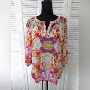 ADIVA Top Womens M Sheer Floral Botanical Tunic Blouse Cami Purple Gold Romantic